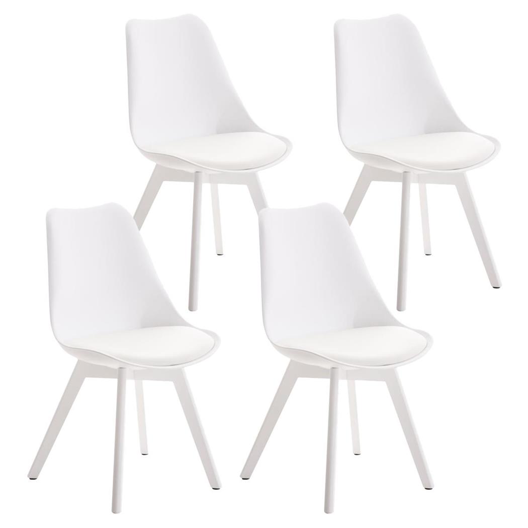 SET van 4 LOREN Stoelen, Kunststof Zitschaal met Witte Poten, Wit Leder