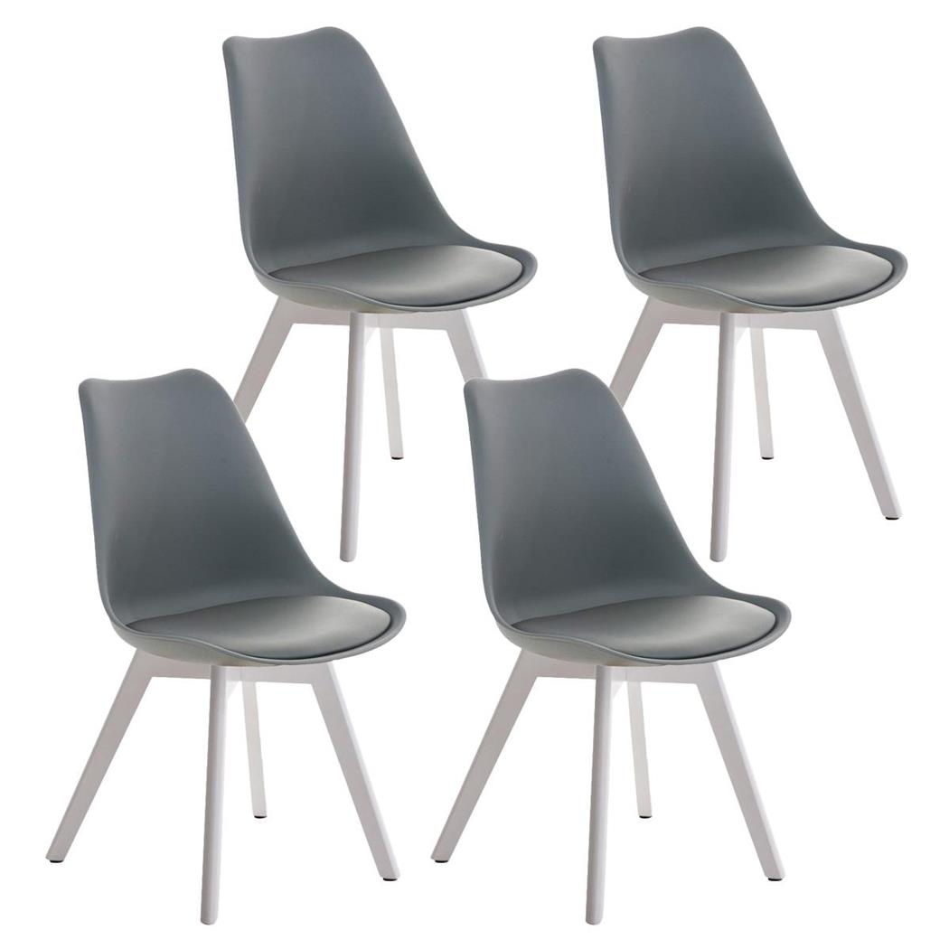 SET van 4 LOREN Stoelen, Kunststof Zitschaal met Witte Poten, Grijs Leder