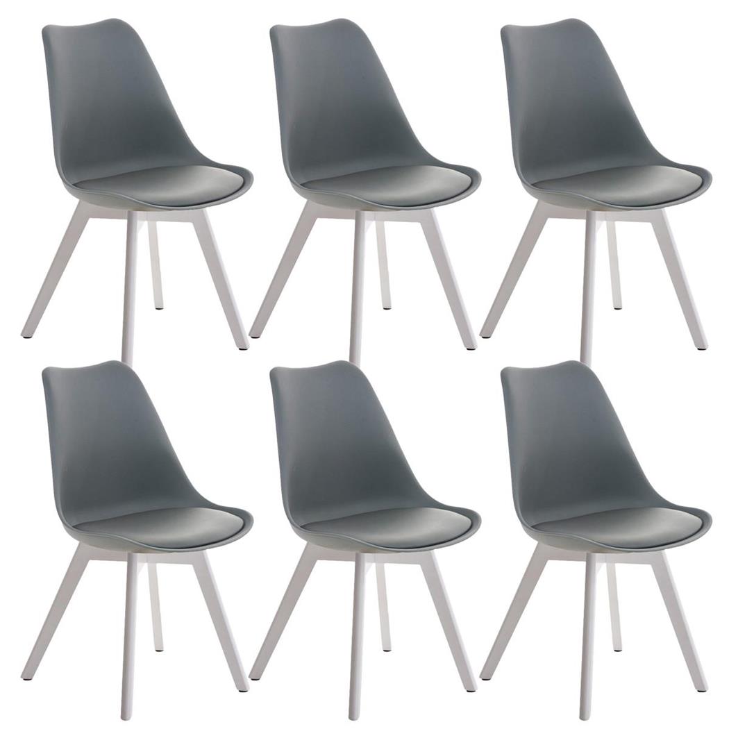 SET van 6 LOREN Stoelen, Kunststof Zitschaal met Witte Poten, Grijs Leder