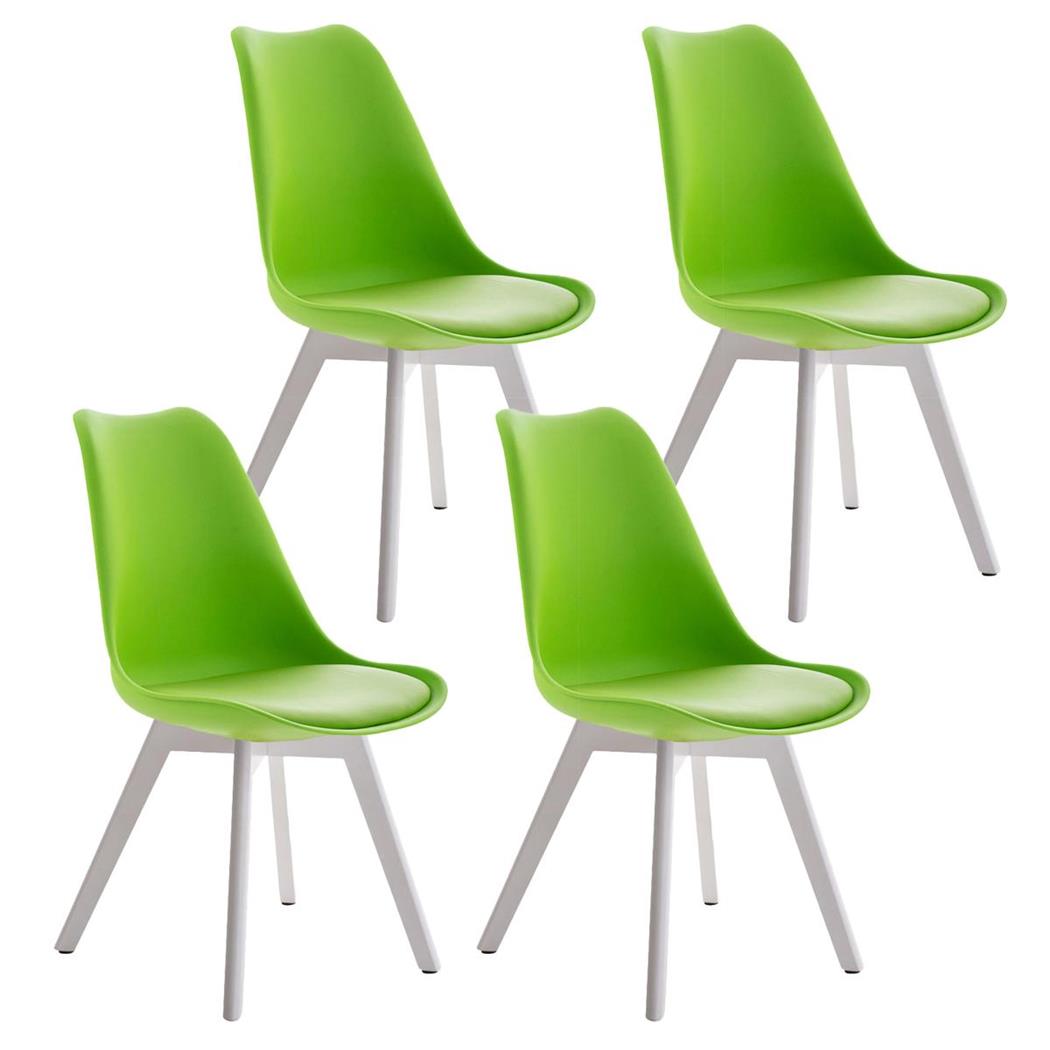 SET van 4 LOREN Stoelen, Kunststof Zitschaal met Witte Poten, Groen Leder