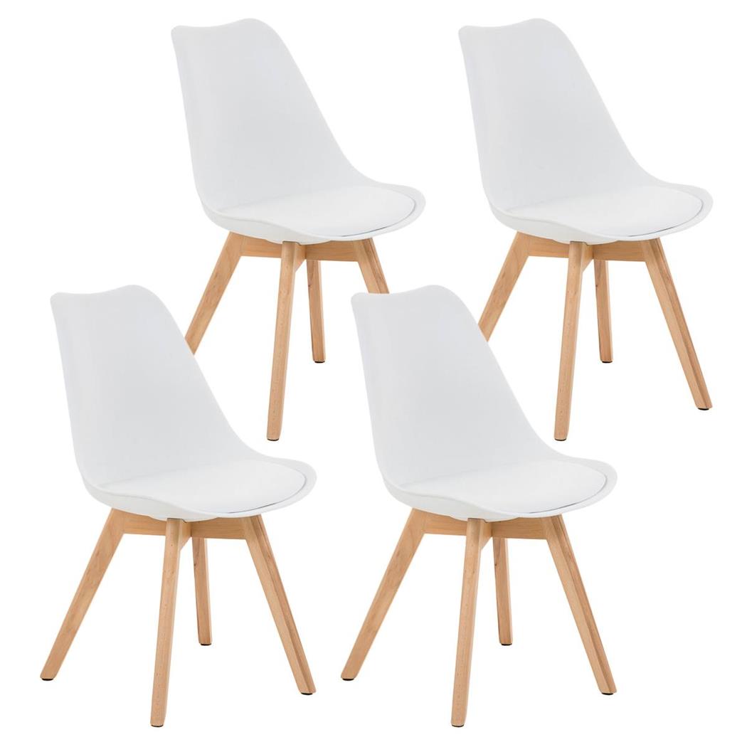 SET van 4 LOREN Stoelen, Kunststof Zitschaal met Lichthouten Poten, Wit Leder