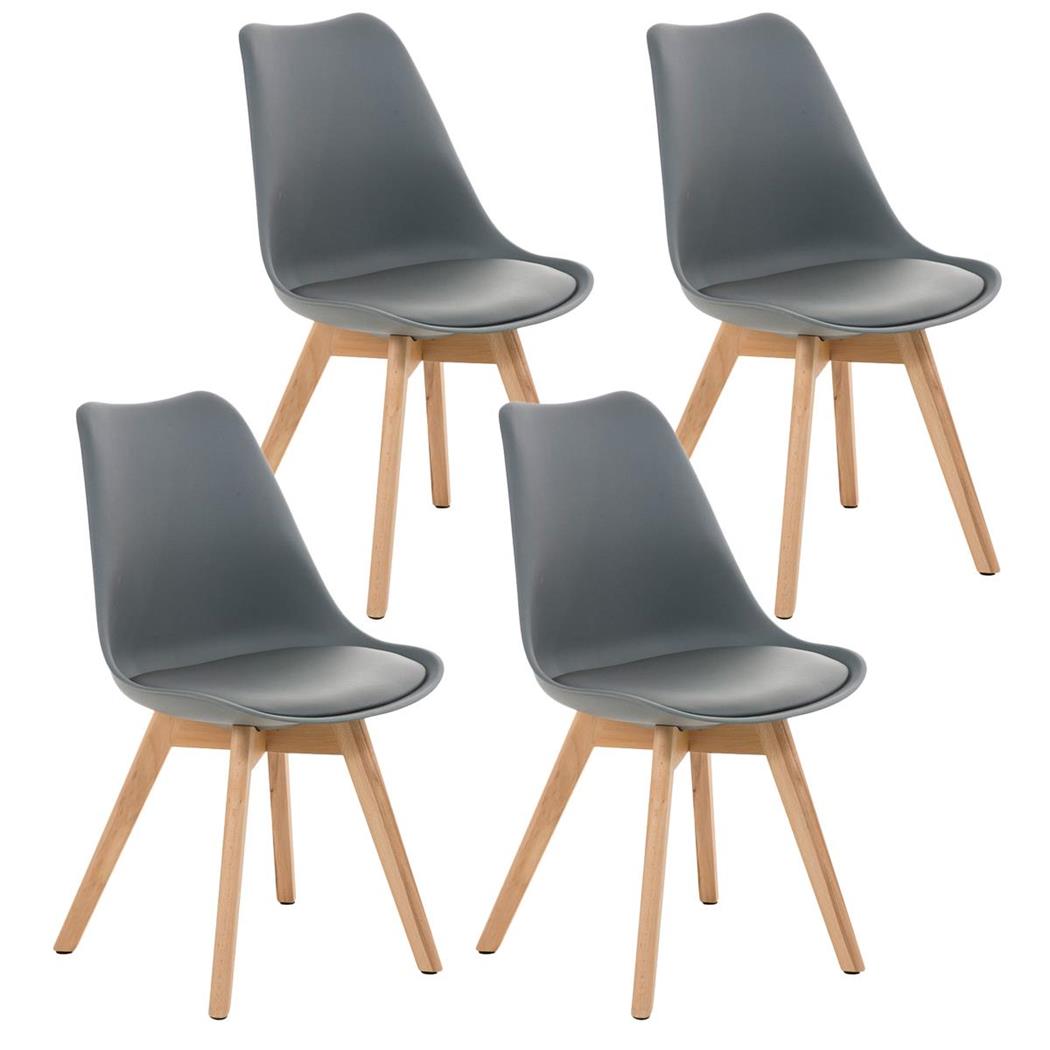 SET van 4 LOREN Stoelen, Kunststof Zitschaal met Lichthouten Poten, Grijs Leder