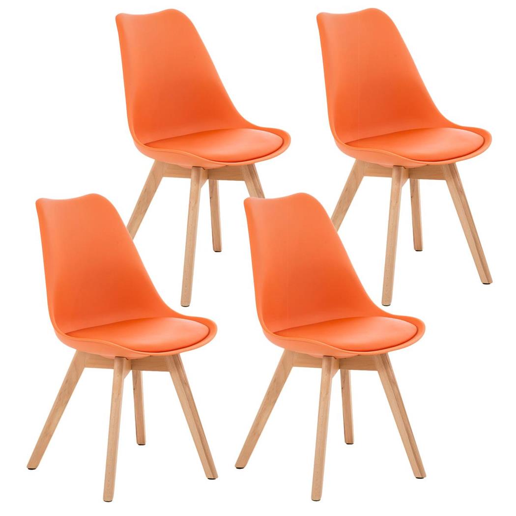 SET van 4 LOREN Stoelen, Kunststof Zitschaal met Lichthouten Poten, Oranje Leder