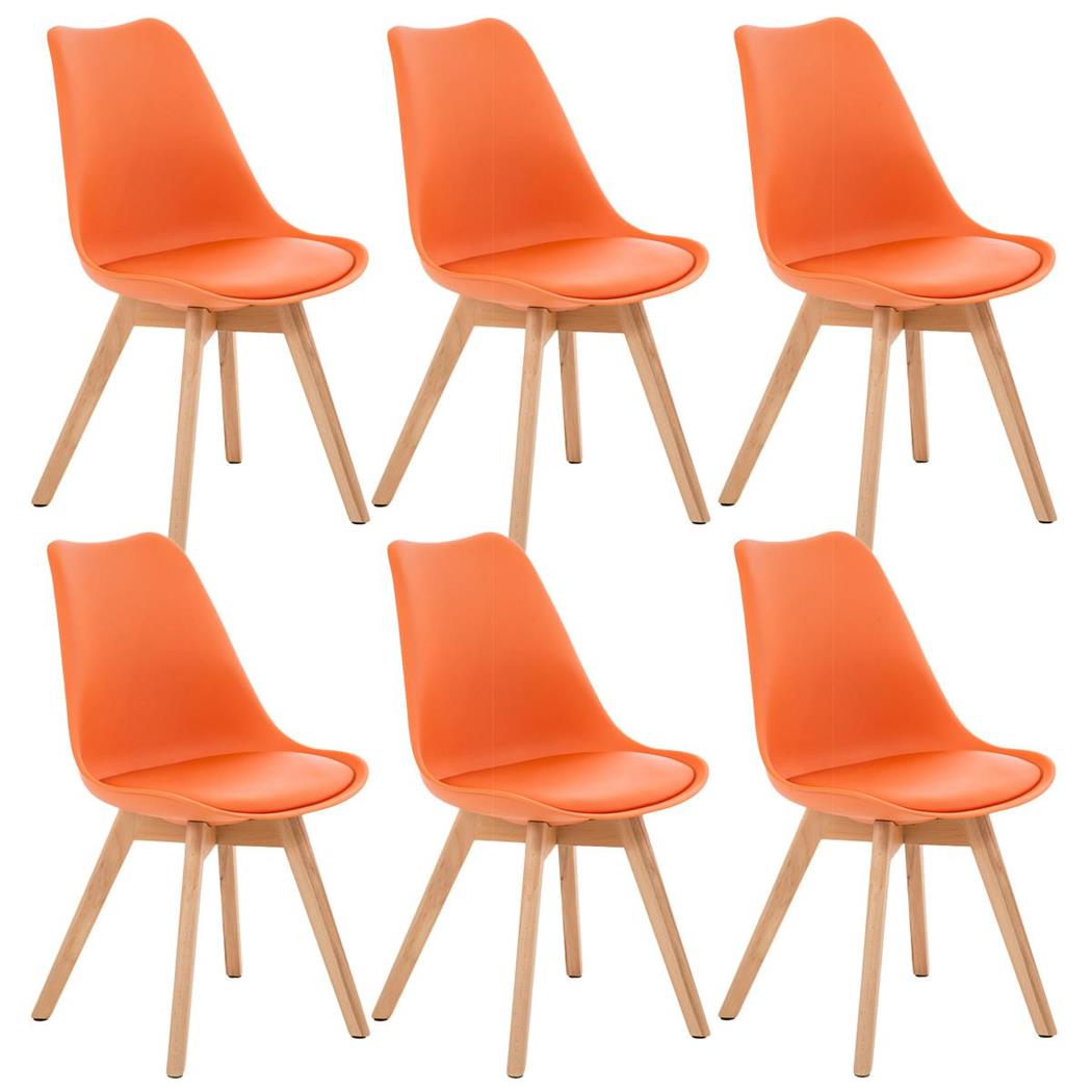 SET van 6 LOREN Stoelen, Kunststof Zitschaal met Lichthouten Poten, Oranje Leder