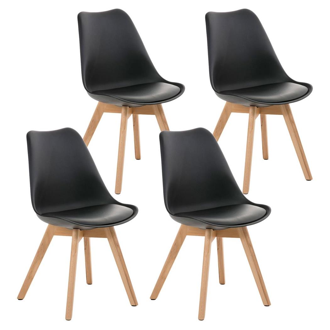 SET van 4 LOREN Stoelen, Kunststof Zitschaal met Lichthouten Poten, Zwart Leder