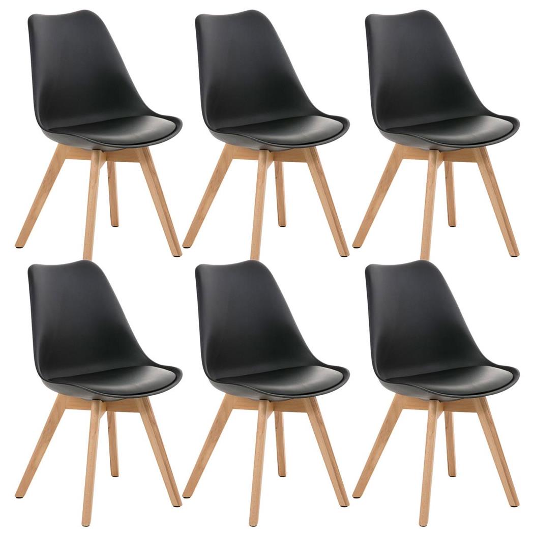 SET van 6 LOREN Stoelen, Kunststof Zitschaal met Lichthouten Poten, Zwart Leder