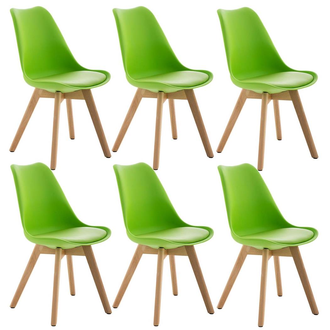 SET van 6 LOREN Stoelen, Kunststof Zitschaal met Lichthouten Poten, Groen Leder