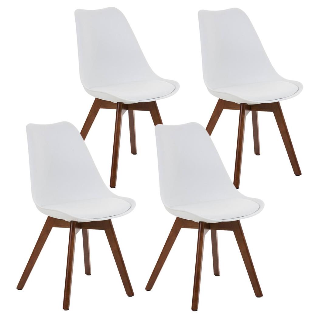 SET van 4 LOREN Stoelen, Kunststof Zitschaal met Walnoothouten Poten, Wit Leder