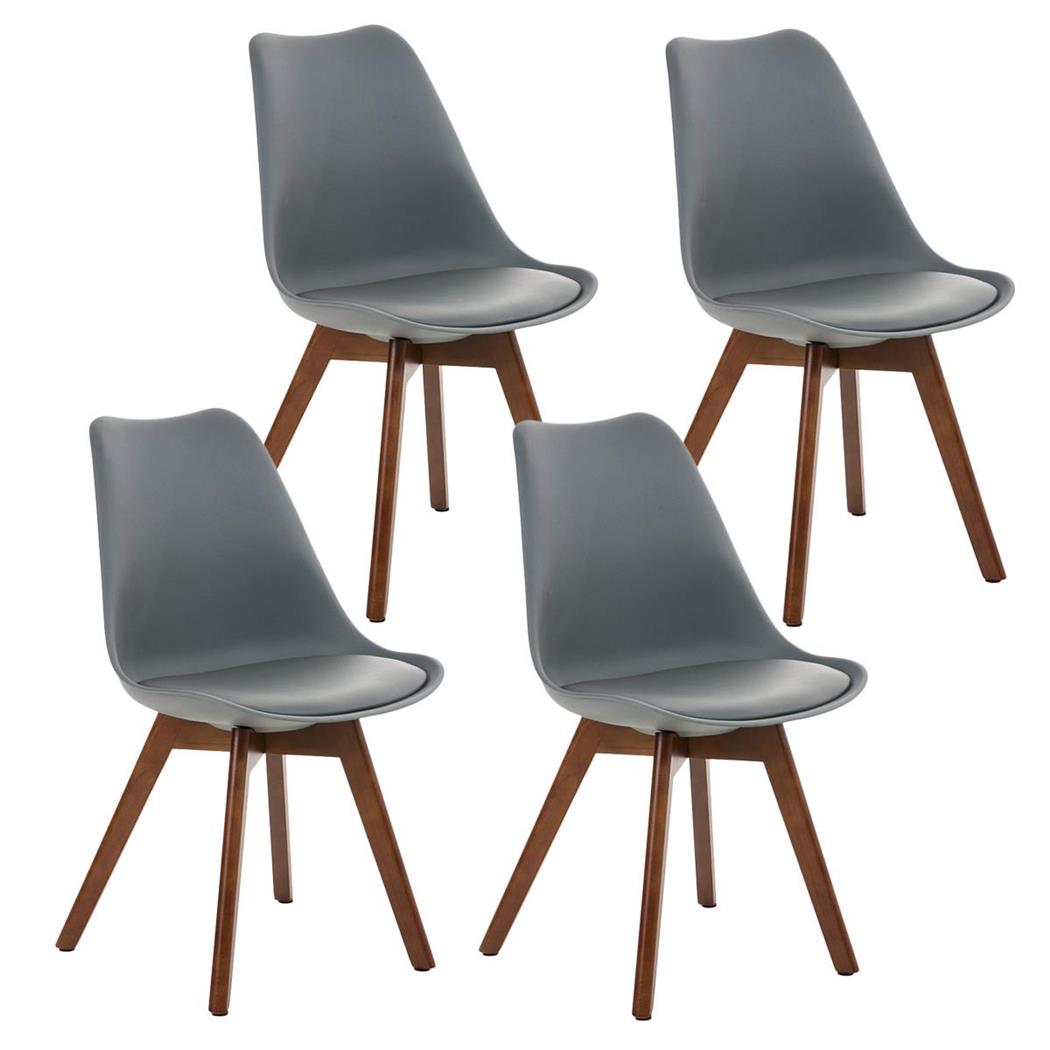 SET van 4 LOREN Stoelen, Kunststof Zitschaal met Walnoothouten Poten, Grijs Leder