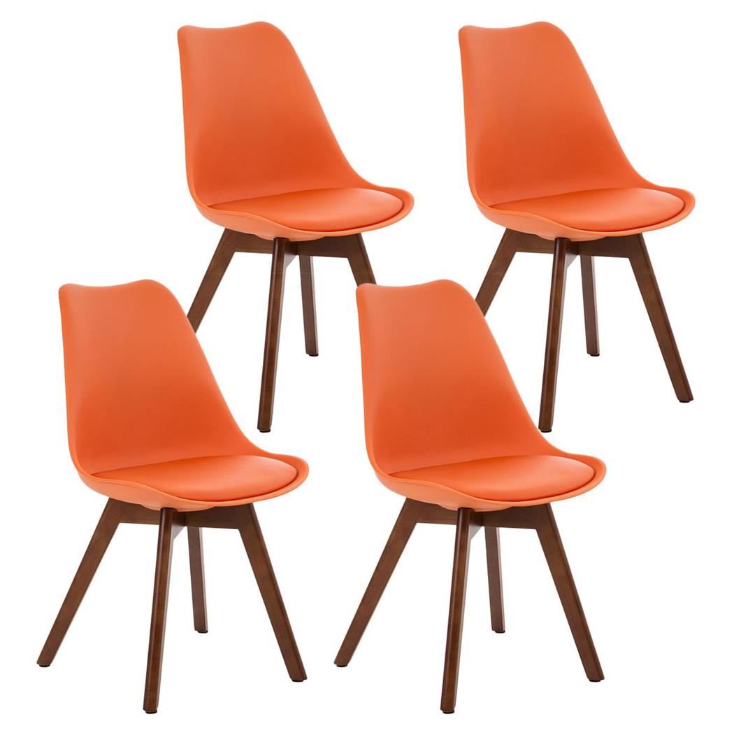 SET van 4 LOREN Stoelen, Kunststof Zitschaal met Walnoothouten Poten, Oranje Leder