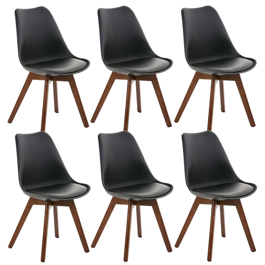 SET van 6 LOREN Stoelen, Kunststof Zitschaal met Walnoothouten Poten, Zwart Leder