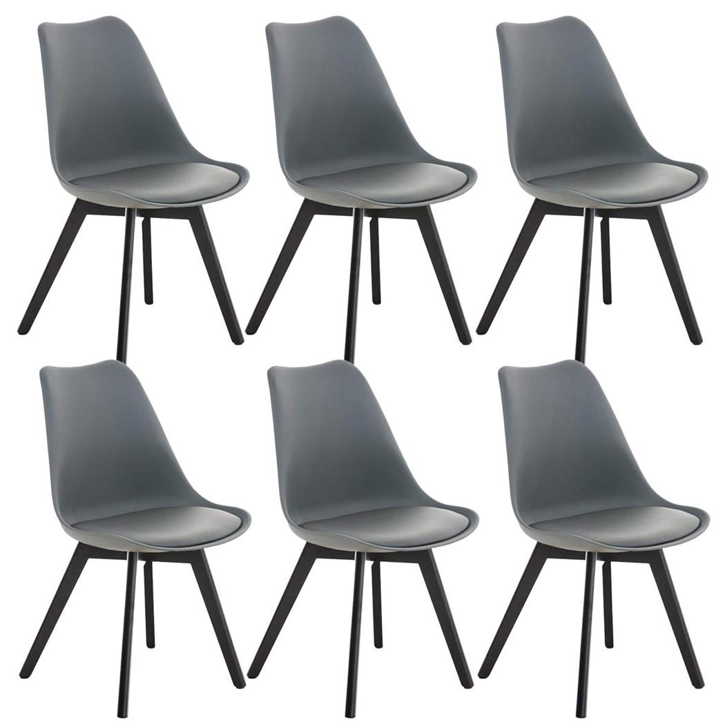 SET van 6 LOREN Stoelen, Kunststof Zitschaal met donkerhouten Poten, Grijs Leder