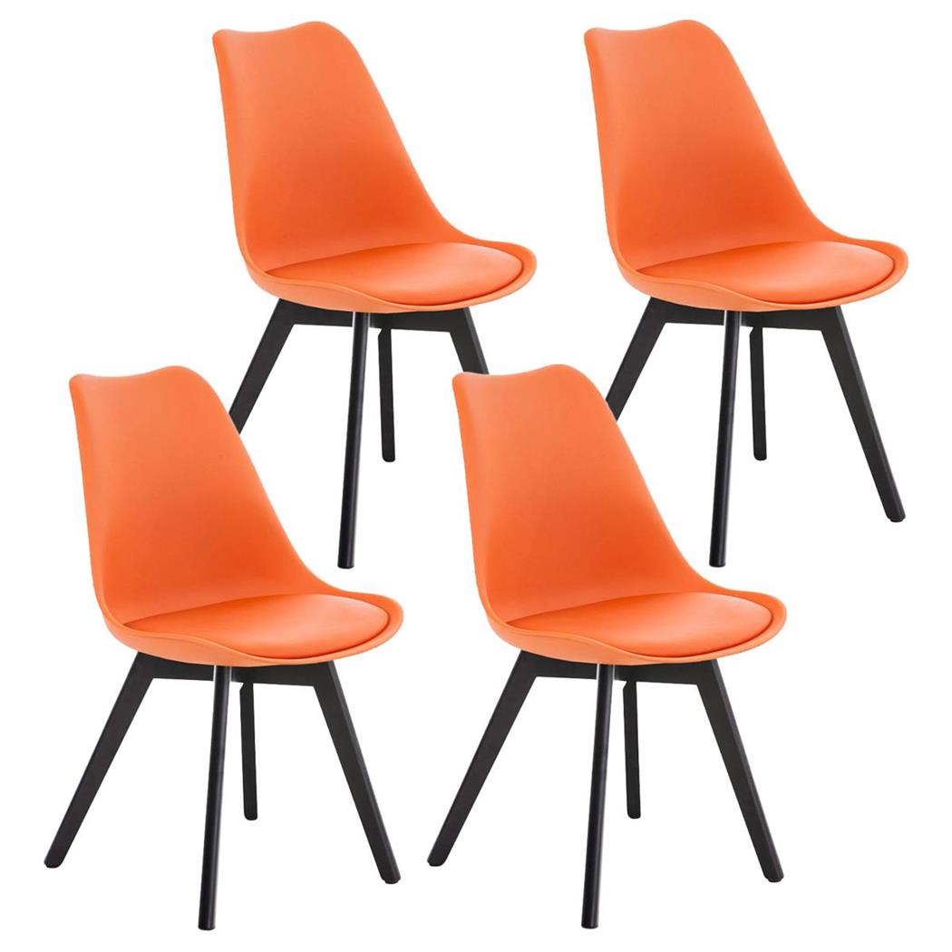 SET van 4 LOREN Stoelen, Kunststof Zitschaal met donkerhouten Poten, Oranje Leder