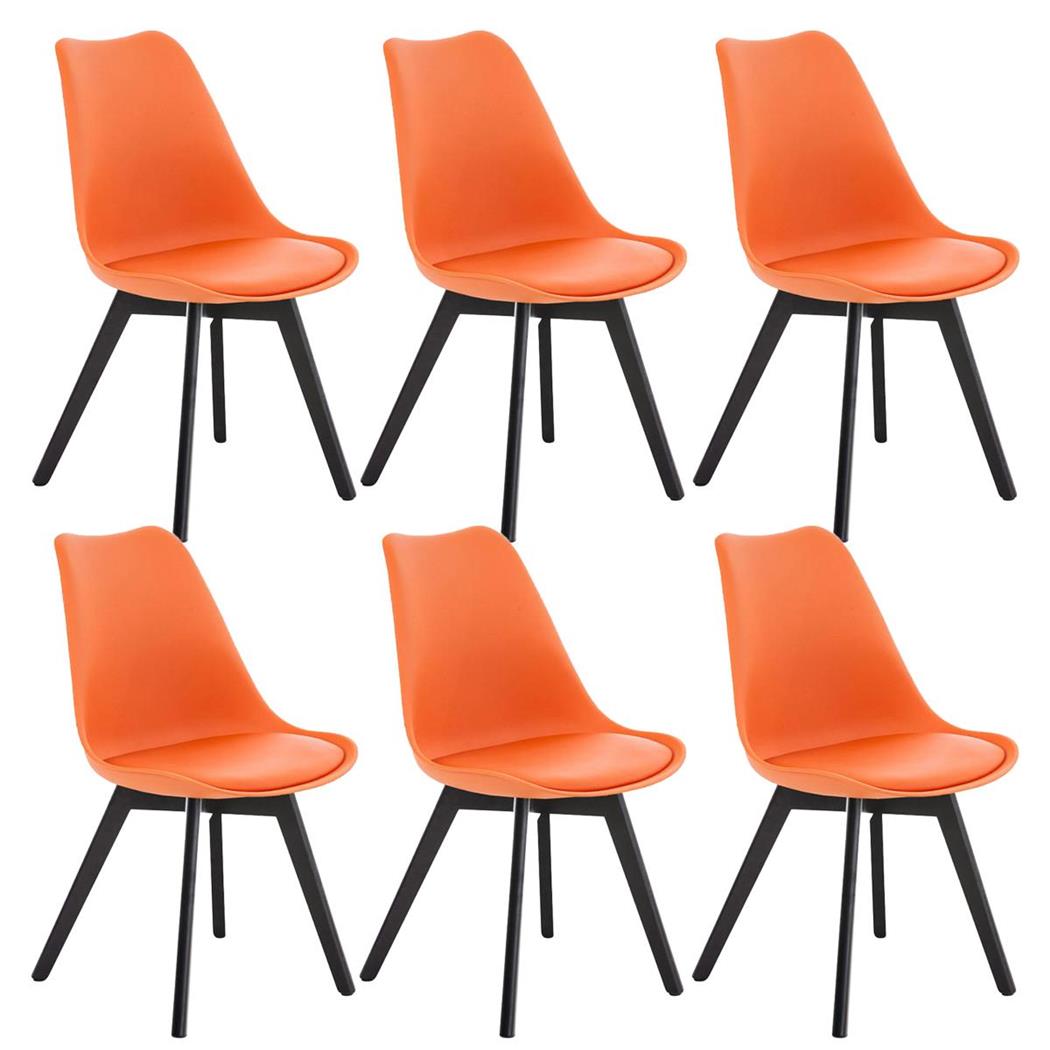 SET van 6 LOREN Stoelen, Kunststof Zitschaal met donkerhouten Poten, Oranje Leder