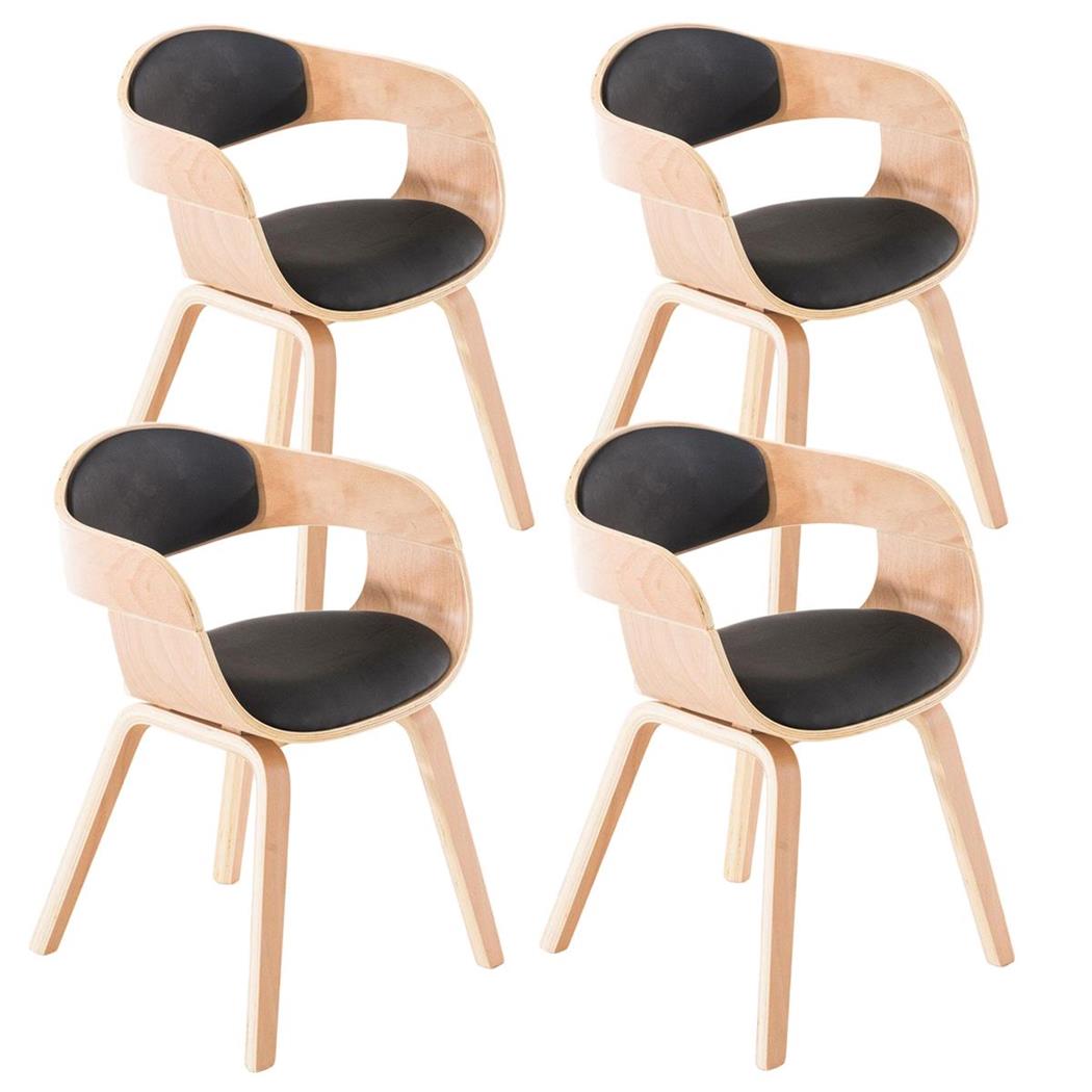 Set van 4 Eetkamerstoelen MAFO, Natuurlijk Houten Frame, in Zwart Leder