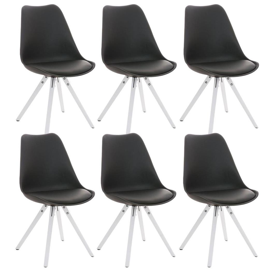 Set van 6 Eetkamerstoelen BAHIA LEDER, Zwart met Witte Poten