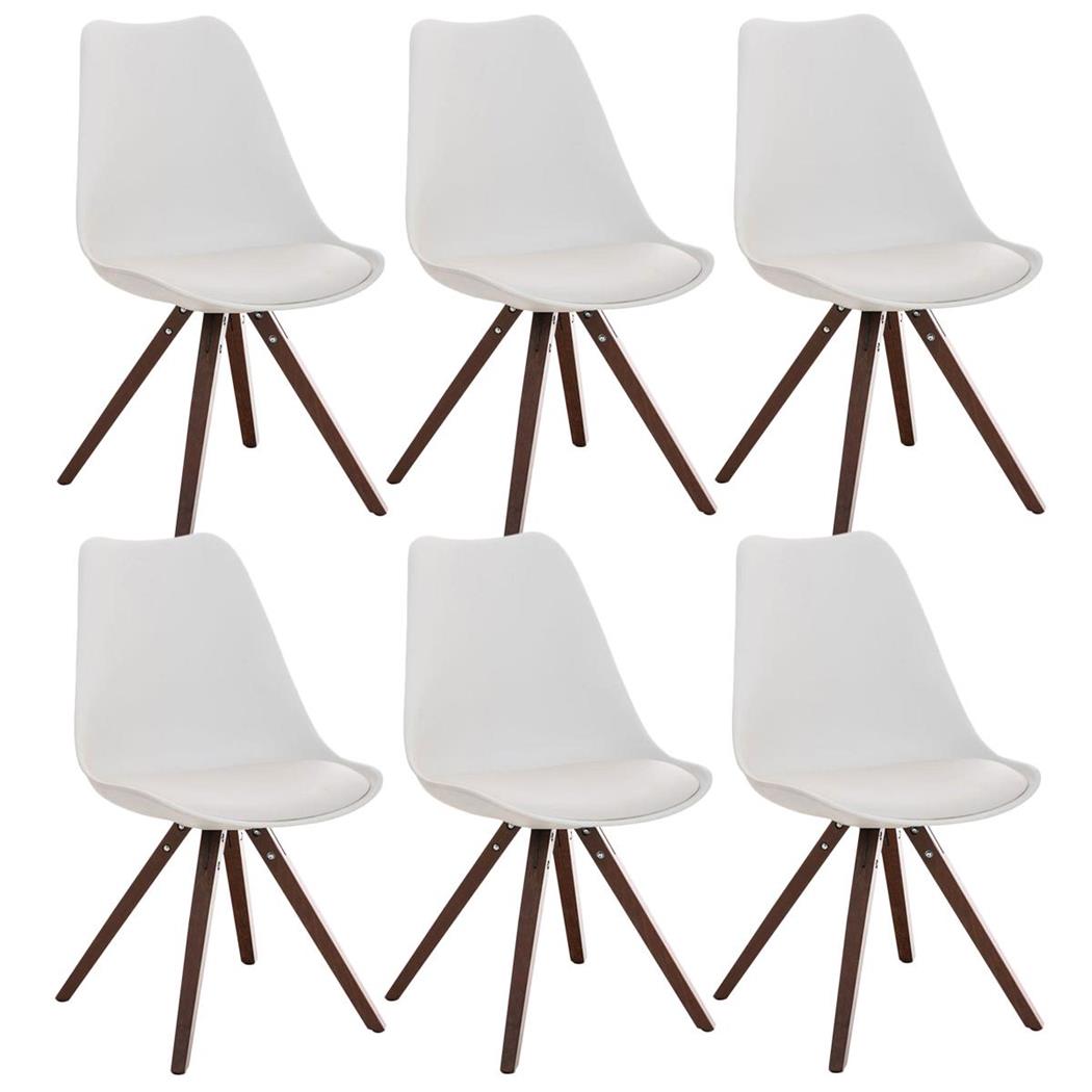 Set van 6 Eetkamerstoelen BAHIA LEDER, Wit met Walnootkleurige Poten