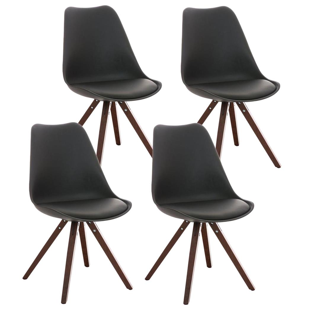 Set van 4 Eetkamerstoelen BAHIA LEDER, Zwart met Walnootkleurige Poten