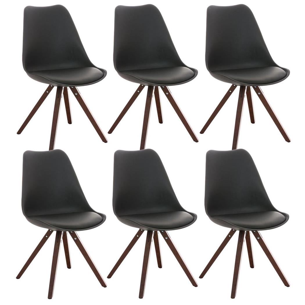 Set van 6 Eetkamerstoelen BAHIA LEDER, Zwart met Walnootkleurige Poten