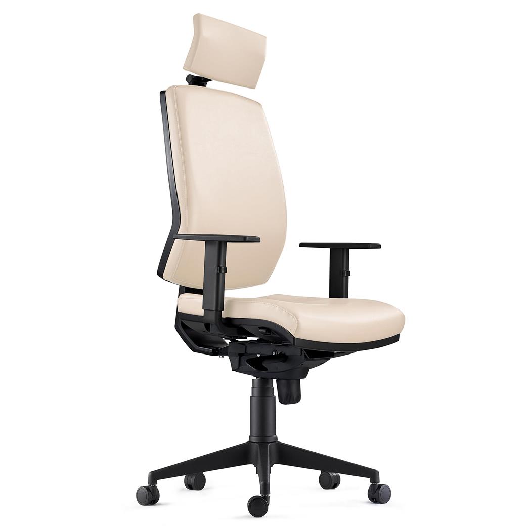 DEMO# Ergonomische Bureaustoel OLIVER, Beige Leder, Hoofdsteun, Gebruik 8h, Dik Kussen