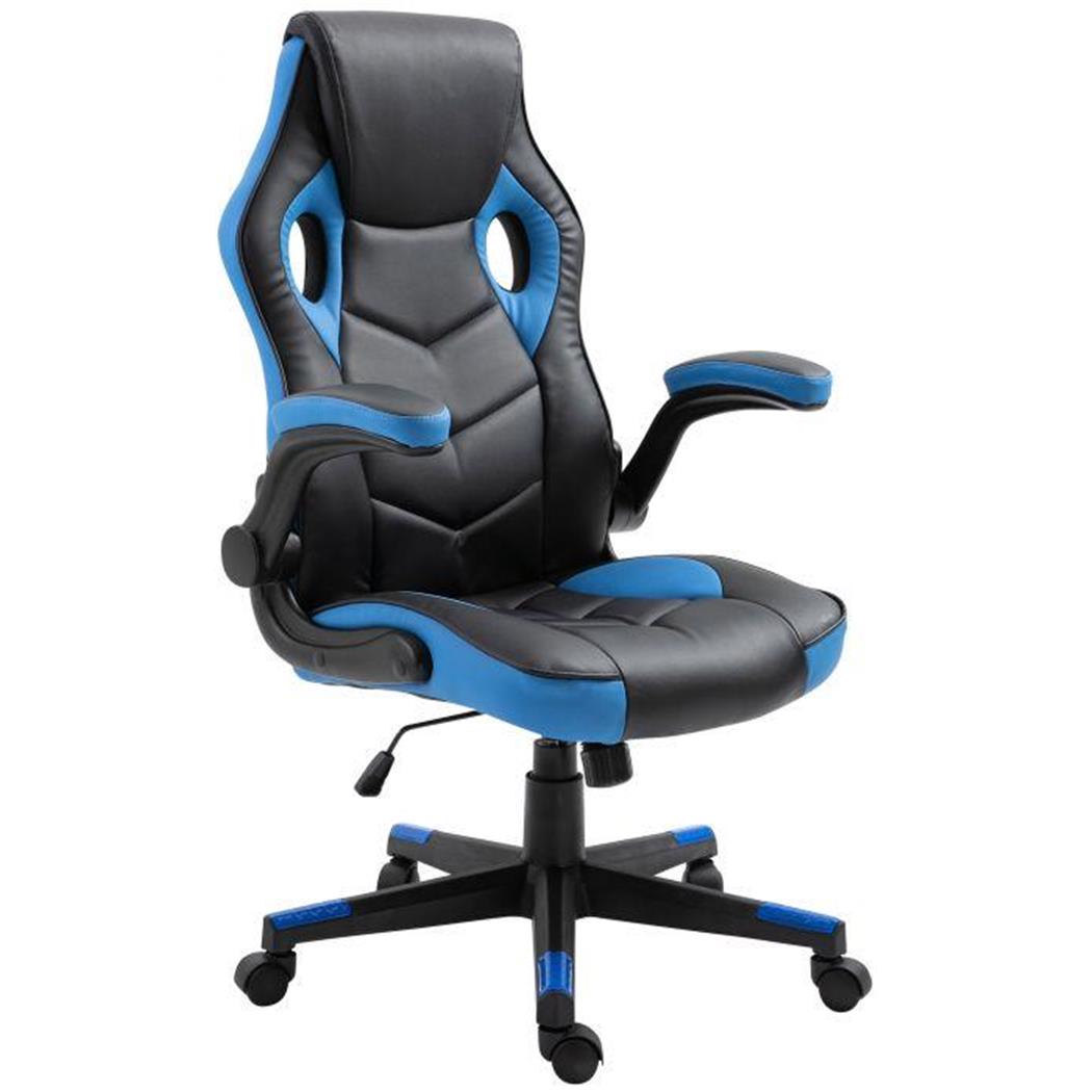 Gamingstoel MAX, Sportief Ontwerp, Opklapbare Armleuningen, in Leder, Zwart/Blauw