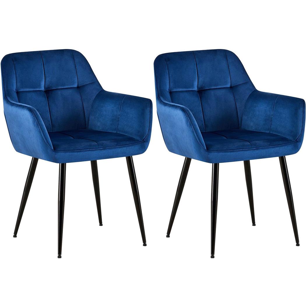 Set van 2 Eetkamerstoelen AMISA, Comfortabel Retro Design, Zwarte Metalan Poten, Blauw Fluweel