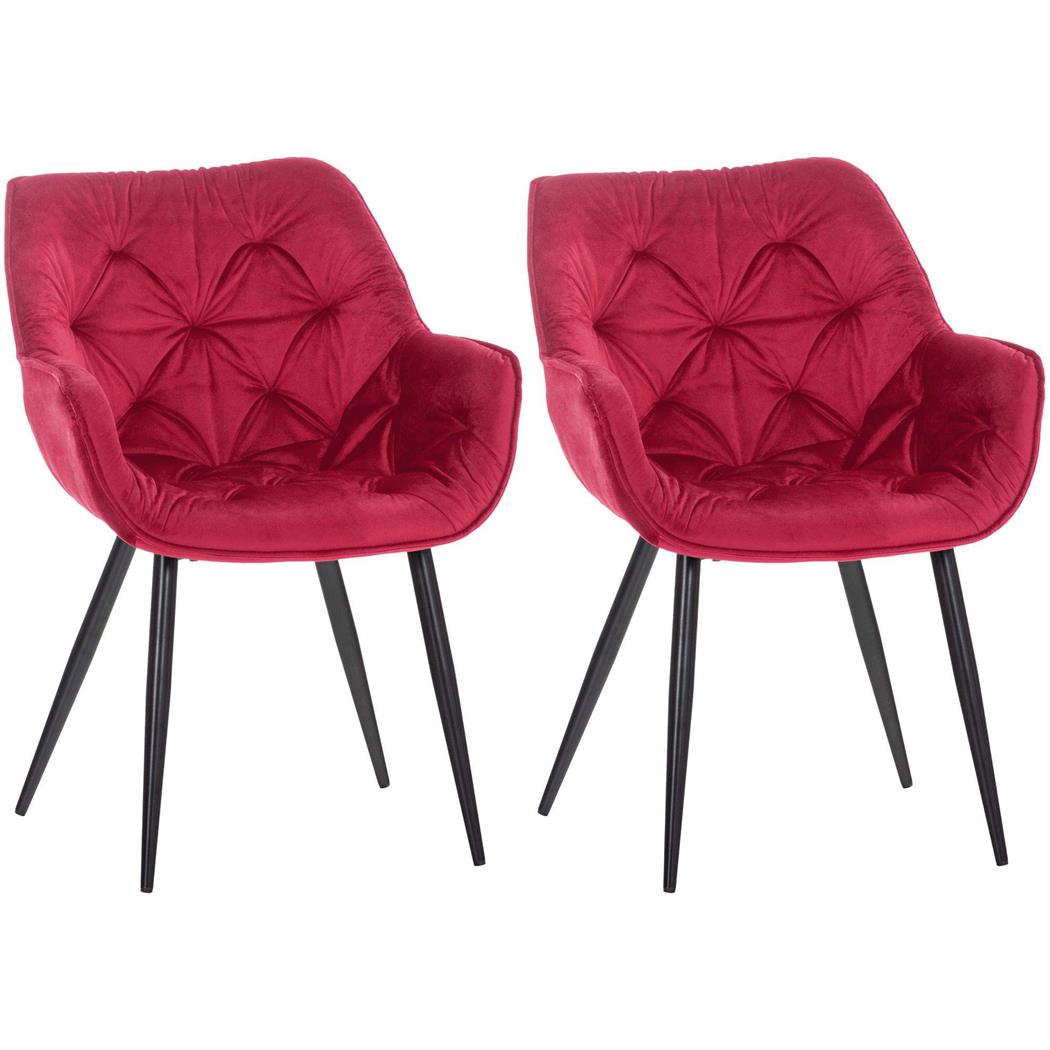 Set van 2 Eetkamerstoelen TEXAS, Elegant Retro Design, Zwarte Metalen Poten, Rood Fluweel