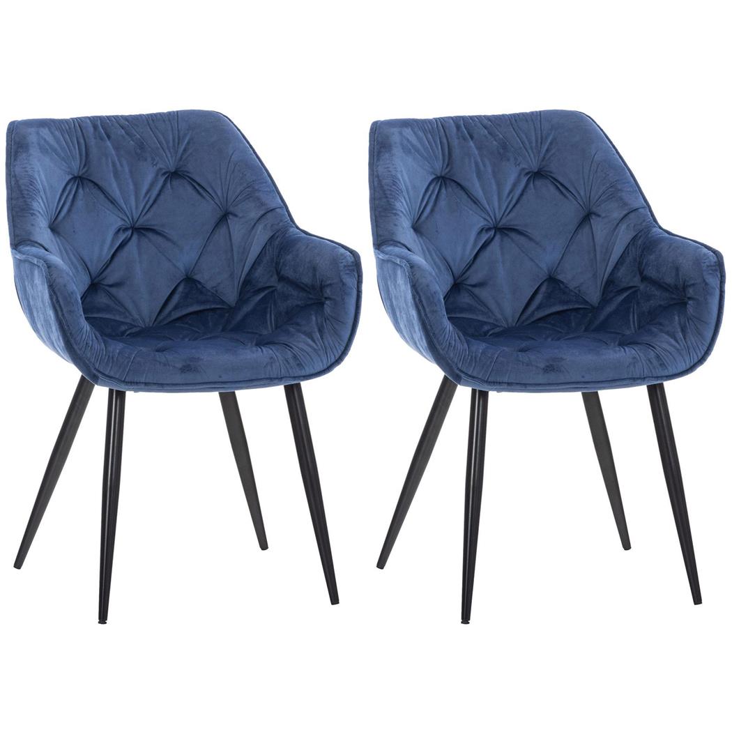 Set van 2 Eetkamerstoelen TEXAS, Elegant Retro Design, Zwarte Metalen Poten, Blauw Fluweel