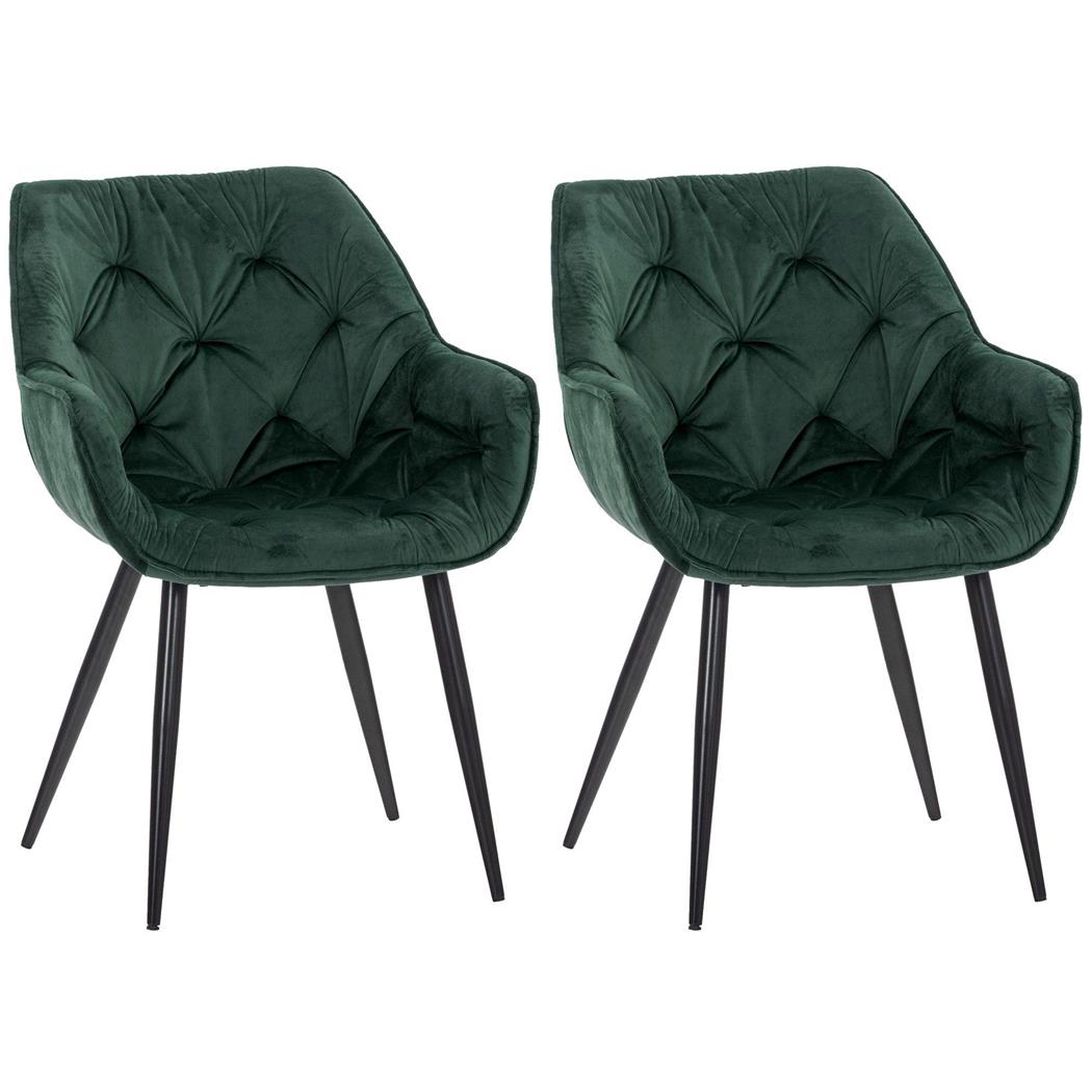 Set van 2 Eetkamerstoelen TEXAS, Elegant Retro Design, Zwarte Metalen Poten, Groen Fluweel