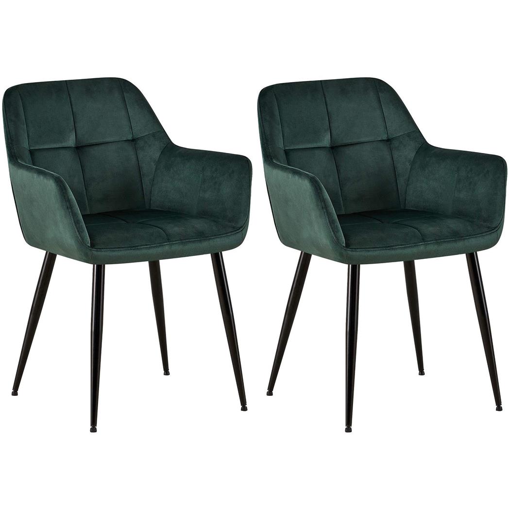 Set van 2 Eetkamerstoelen AMISA, Comfortabel Retro Design, Zwarte Metalan Poten, Groen Fluweel