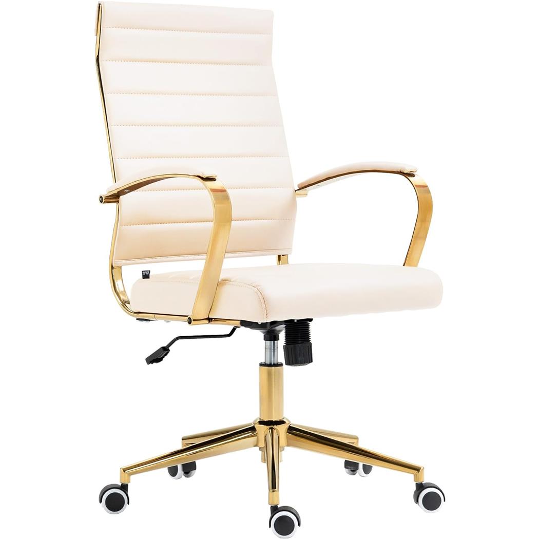 Bureaustoel KENNETH, Elegant Ontwerp, Goudkleurig Chromen Afwerking, Beige Leder