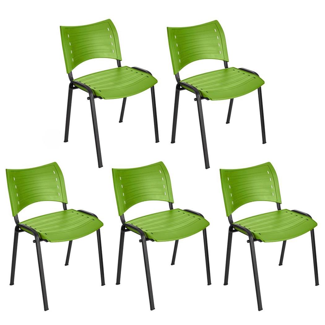 Set van 5 Vergaderstoelen ELVA, Stapelbaar en Praktisch, Hoge Kwaliteit, Kleur Groen en Zwarte Poten