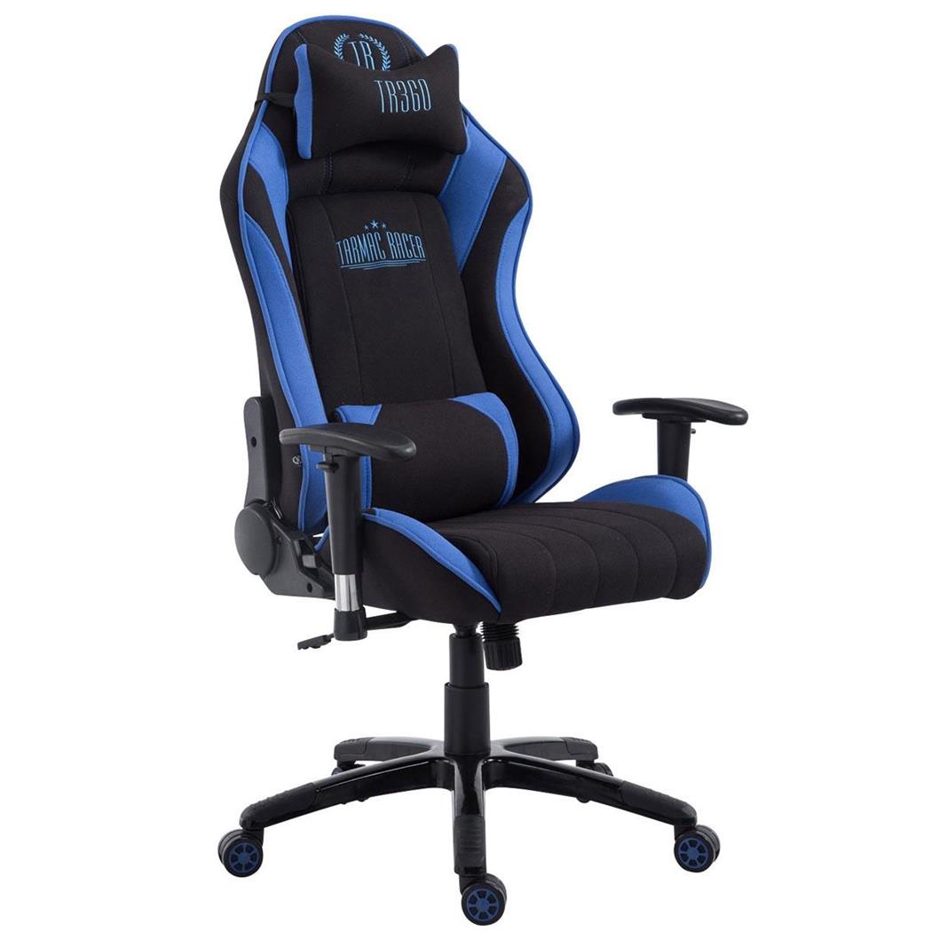 Gamingstoel TURBO STOF, Verstelbare Rugleuning, Lumbaal- en Cervicaalkussen, in Zwart/Blauw