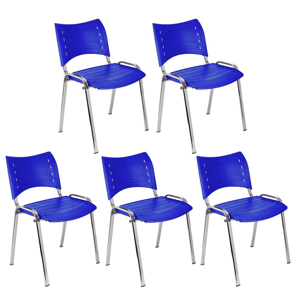 Set van 5 Vergaderstoelen ELVA, Stapelbaar en Praktisch, Hoge Kwaliteit, Blauw en Chromen Poten