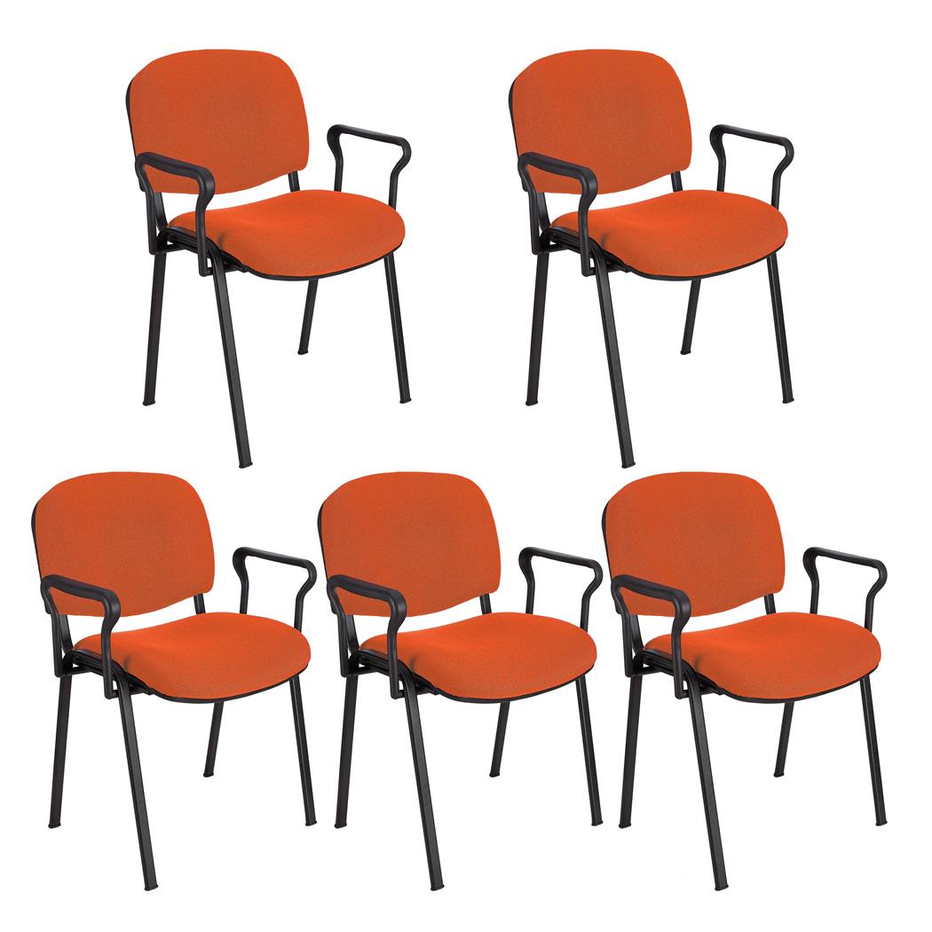 Set van 5 Vergaderstoelen MOBY BASE, met Armleuningen, Comfortabel en Praktisch, Zwarte Poten en Oranje Stof