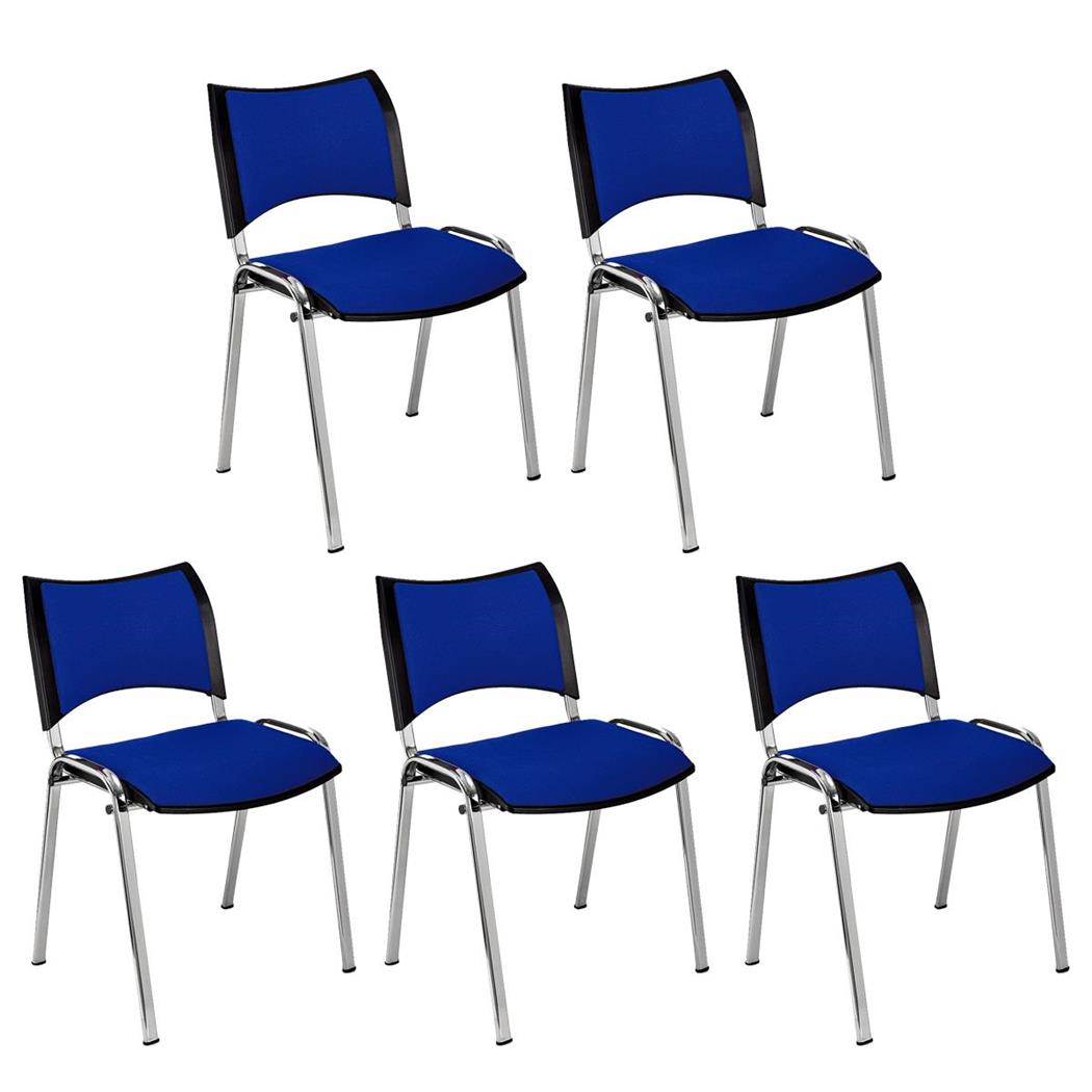 Set van 5 Vergaderstoelen ROMEL, Comfortabele Zitting, Stapelbaar, Verchroomde Poten, Blauw Stoffen Bekleding