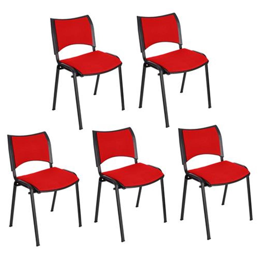 Set van 5 Vergaderstoelen ROMEL, Comfortabele Zitting, Stapelbaar, Zwarte Poten, Rood Stoffen Bekleding