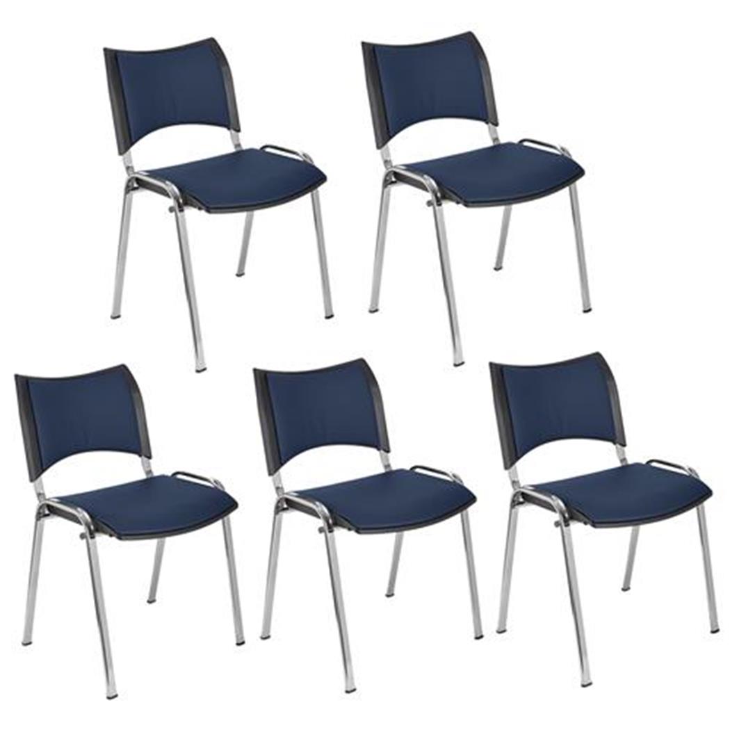 Set van 5 Vergaderstoelen ROMEL LEDER, Comfortabele Zitting, Stapelbaar, Verchroomde Poten, Blauw