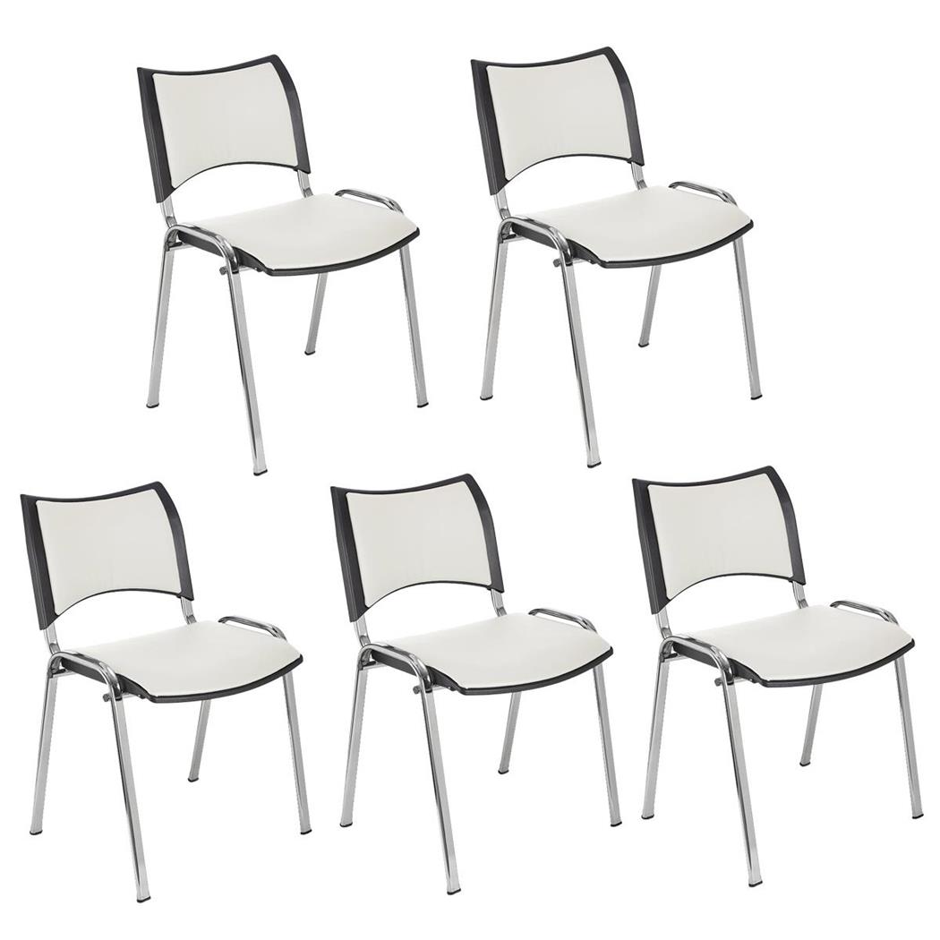 Set van 5 Vergaderstoelen ROMEL LEDER, Comfortabele Zitting, Stapelbaar, Verchroomde Poten, Wit