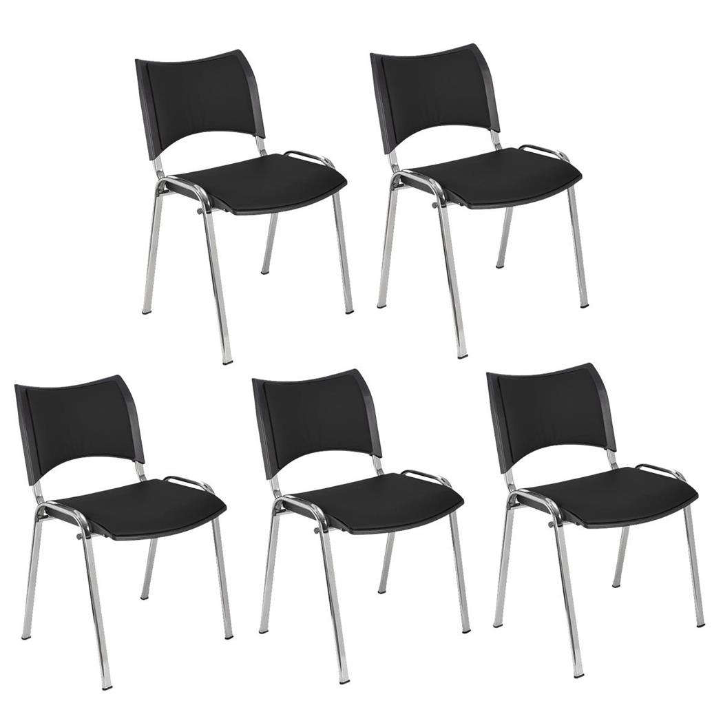 Set van 5 Vergaderstoelen ROMEL LEDER, Comfortabele Zitting, Stapelbaar, Verchroomde Poten, Zwart