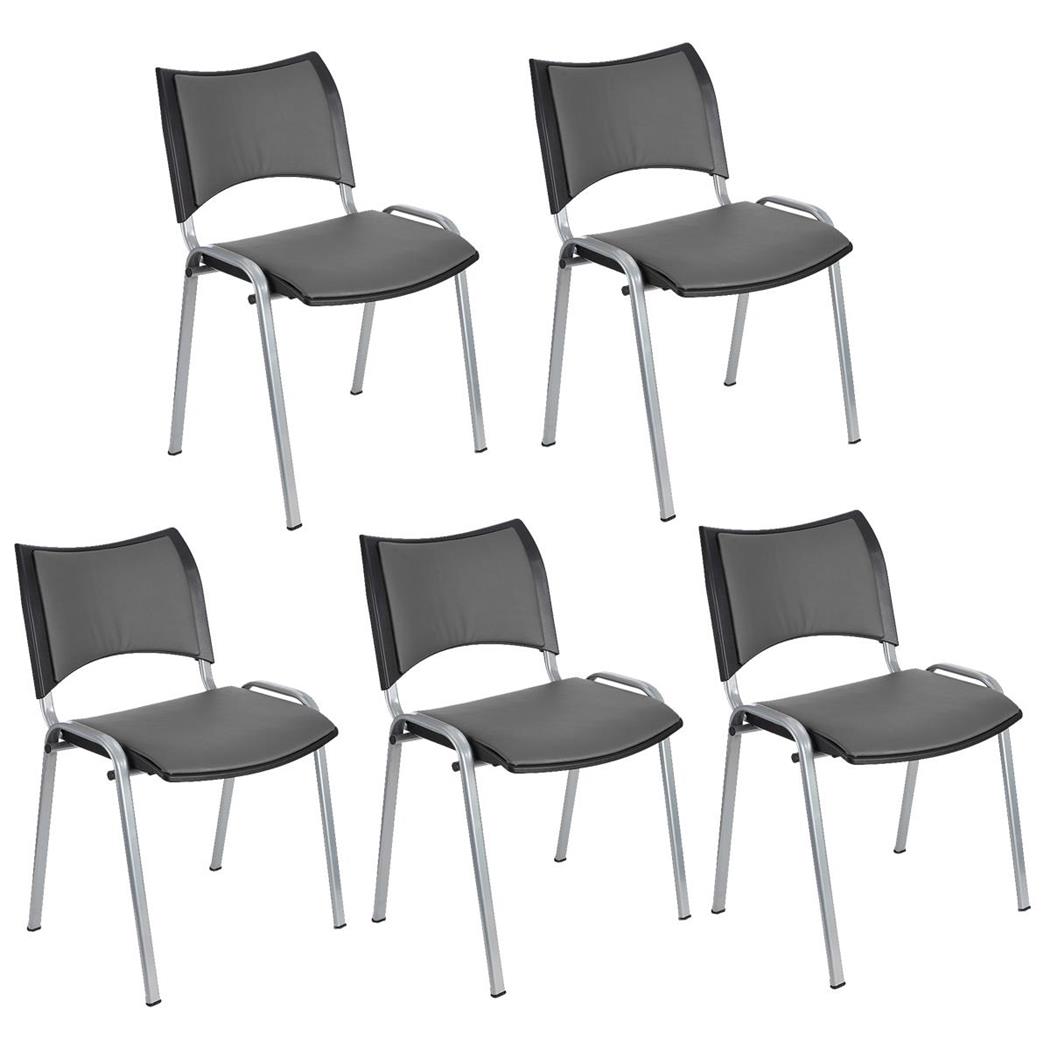 Set van 5 Vergaderstoelen ROMEL LEDER, Comfortabele Zitting, Stapelbaar, Grijze Poten, Grijs