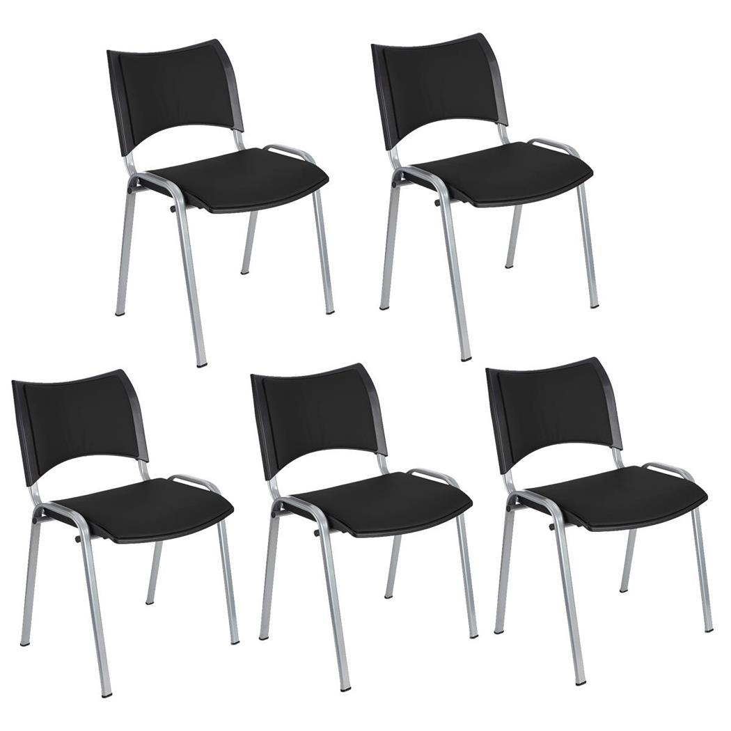 Set van 5 Vergaderstoelen ROMEL LEDER, Comfortabele Zitting, Stapelbaar, Grijze Poten, Zwart