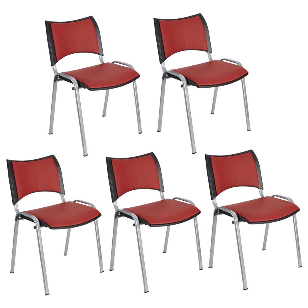 Set van 5 Vergaderstoelen ROMEL LEDER, Comfortabele Zitting, Stapelbaar, Grijze Poten, Rood