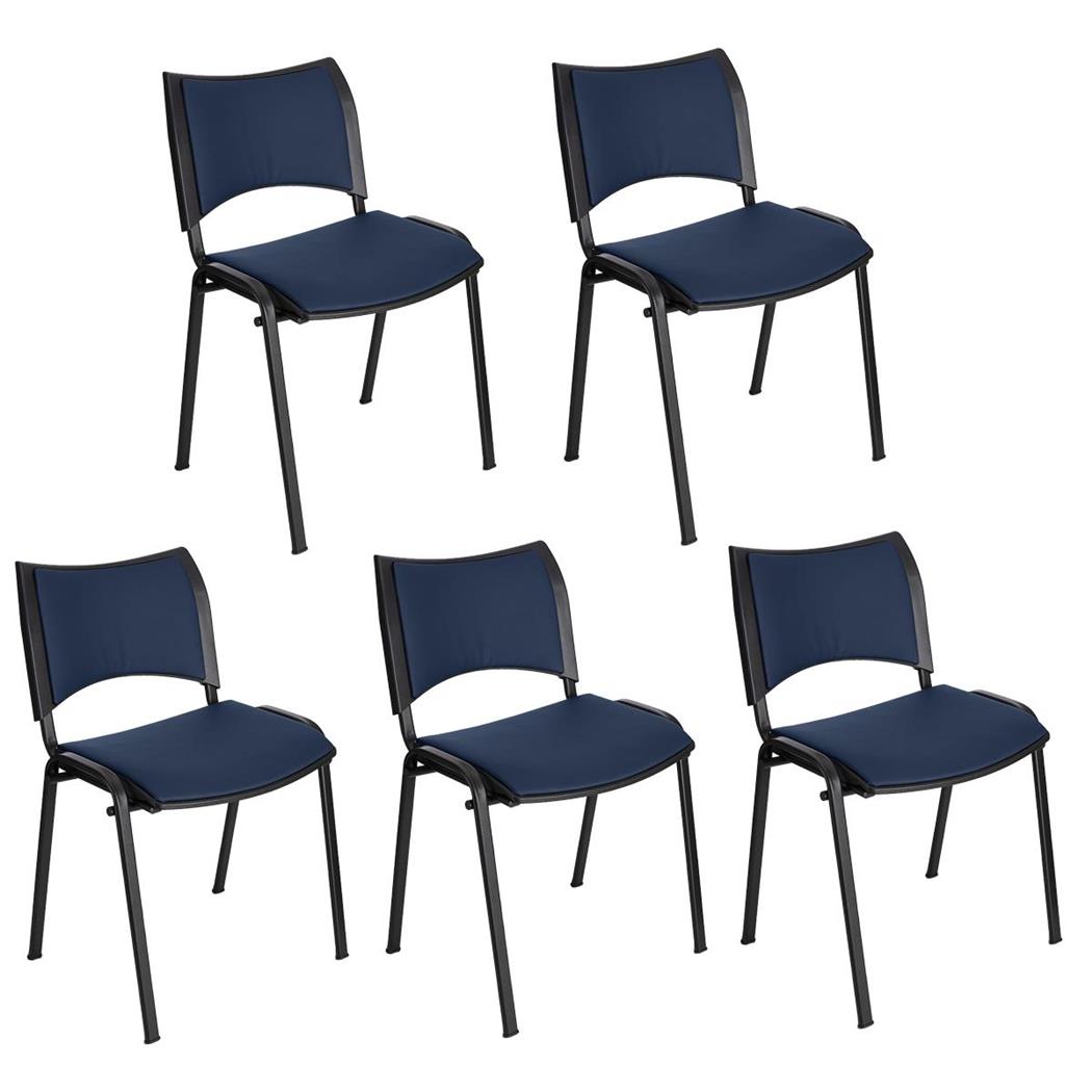 Set van 5 Vergaderstoelen ROMEL LEDER, Comfortabele Zitting, Stapelbaar, Zwarte Poten, Blauw