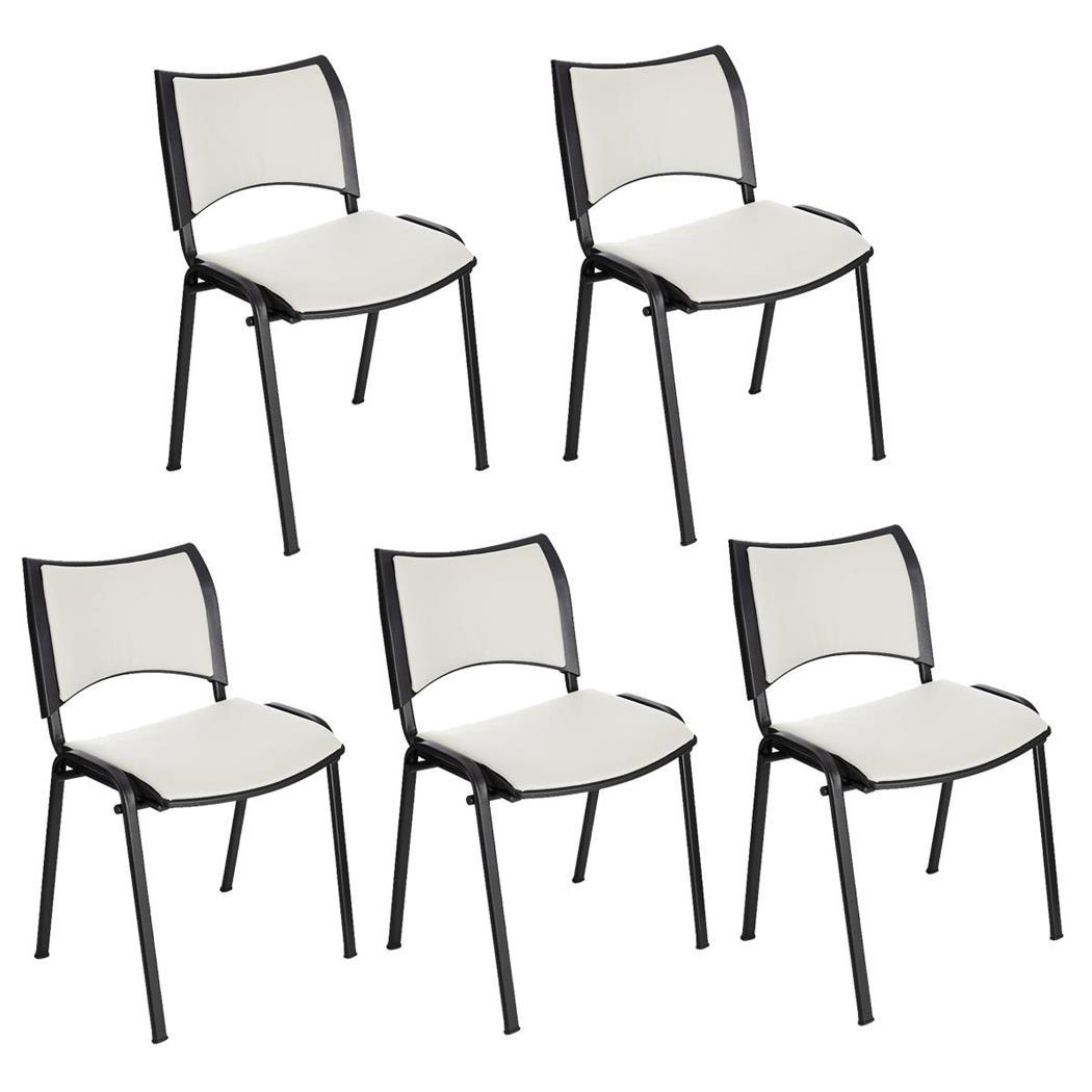 Set van 5 Vergaderstoelen ROMEL LEDER, Comfortabele Zitting, Stapelbaar, Zwarte Poten, Wit