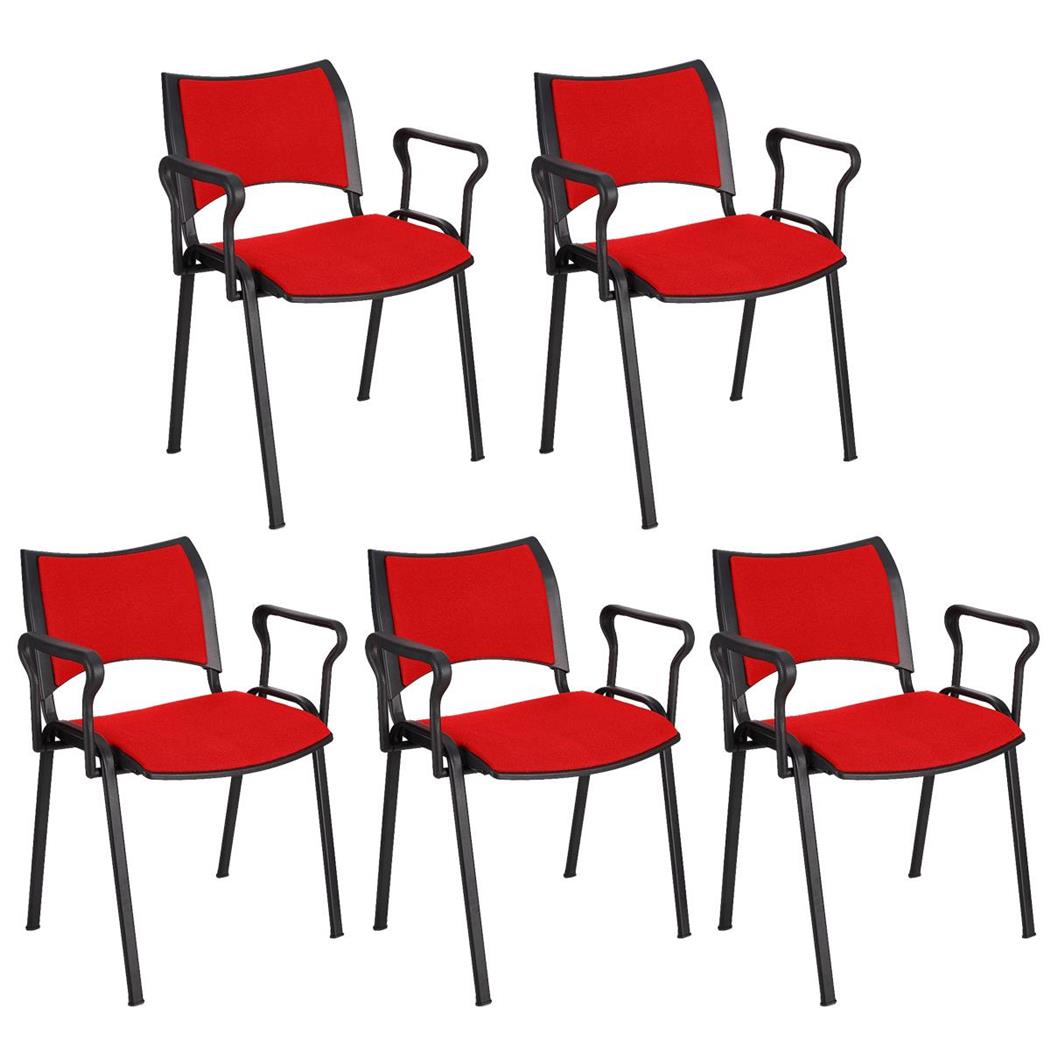 Set van 5 Vergaderstoelen ROMEL MET ARMLEUNINGEN, Comfortabele Zitting, Stapelbaar, Zwarte Poten, Rood Stoffen Bekleding