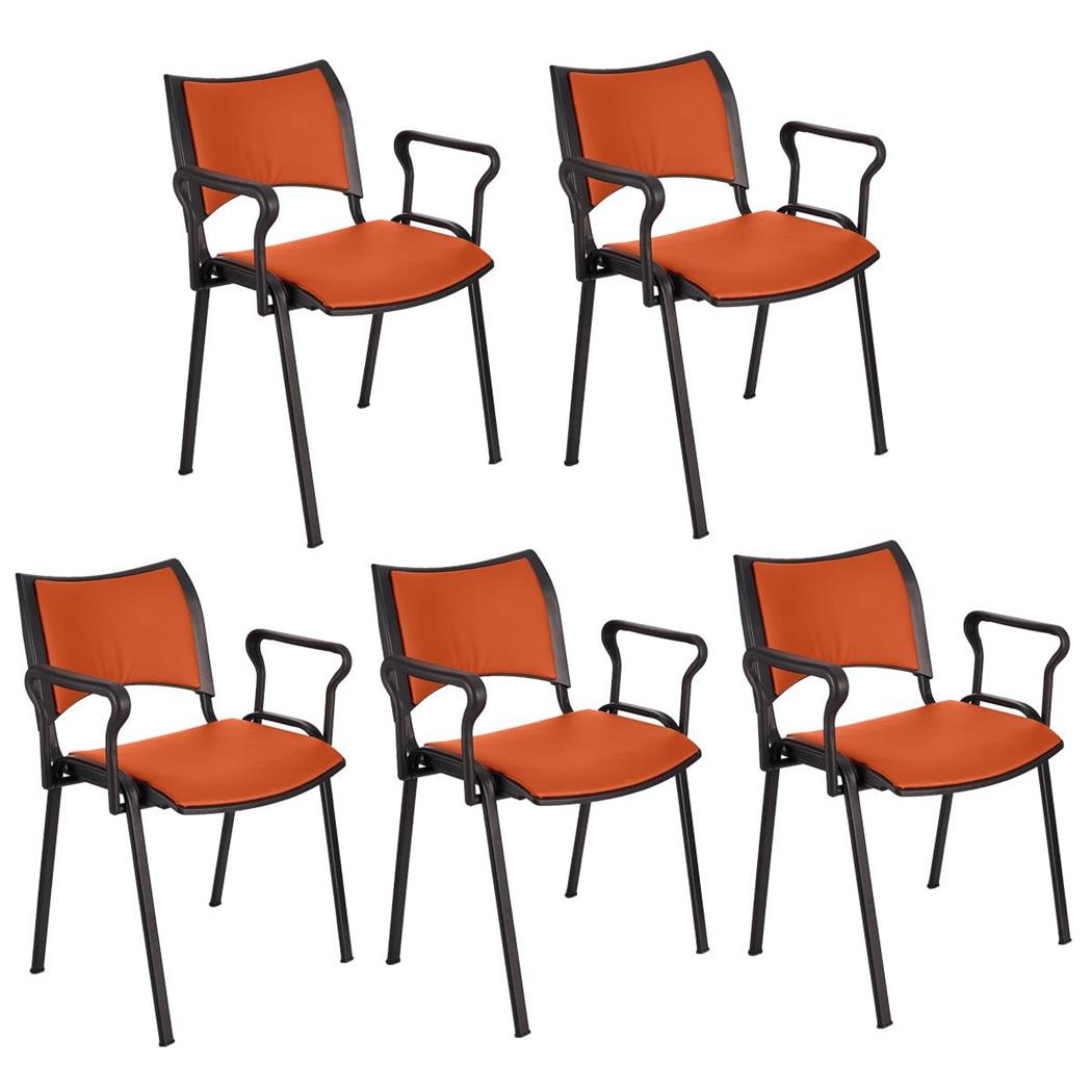 Set van 5 Vergaderstoelen ROMEL LEDER MET ARMLEUNINGEN, Comfortabele Zitting, Stapelbaar, Zwarte Poten, Oranje