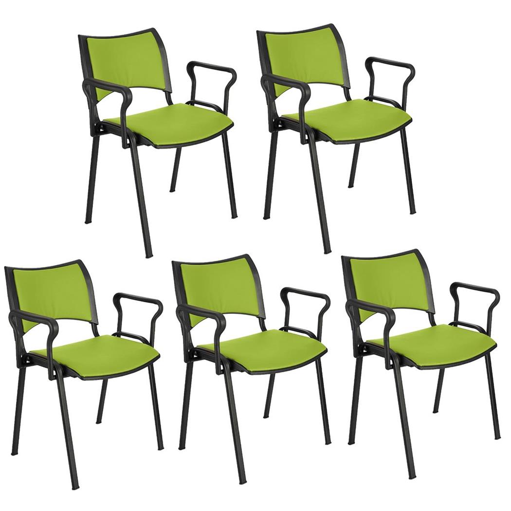 Set van 5 Vergaderstoelen ROMEL LEDER MET ARMLEUNINGEN, Comfortabele Zitting, Stapelbaar, Zwarte Poten, Groen