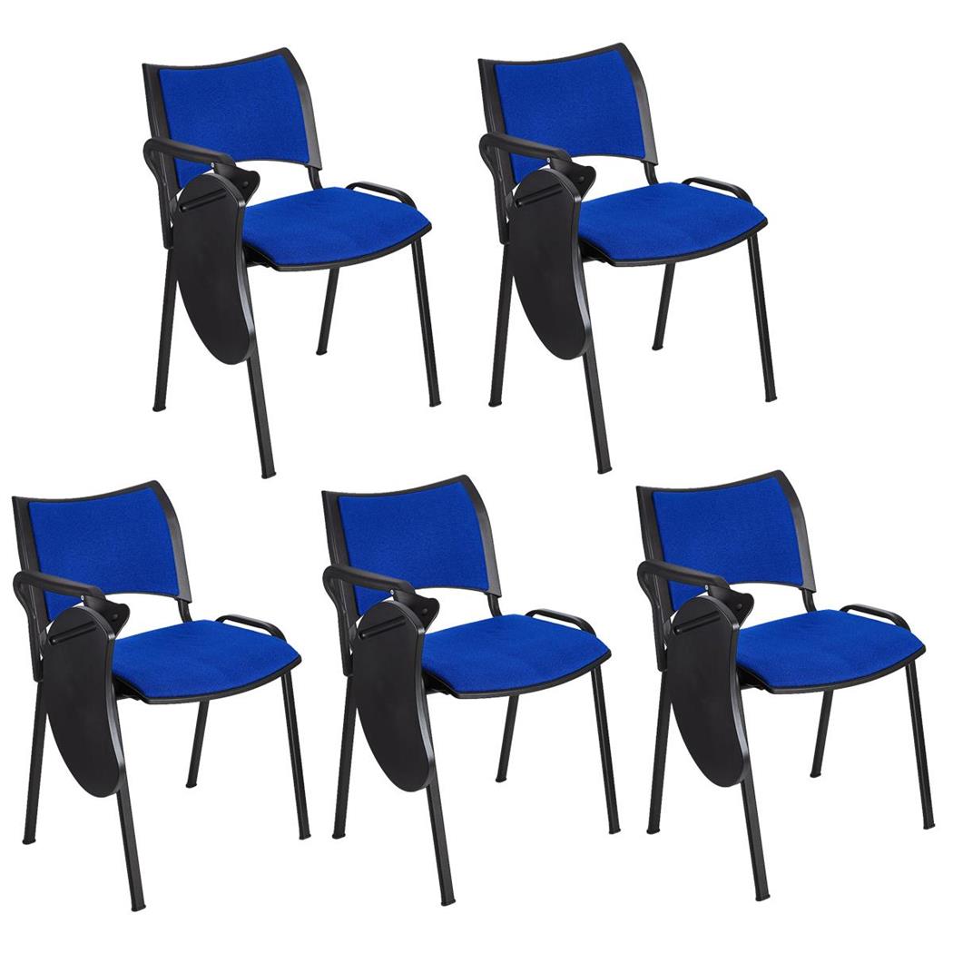 Set van 5 Vergaderstoelen ROMEL MET KLAPTAFELTJE, Comfortabele Zitting, Stapelbaar, Zwarte Poten, Blauw Stoffen Bekleding