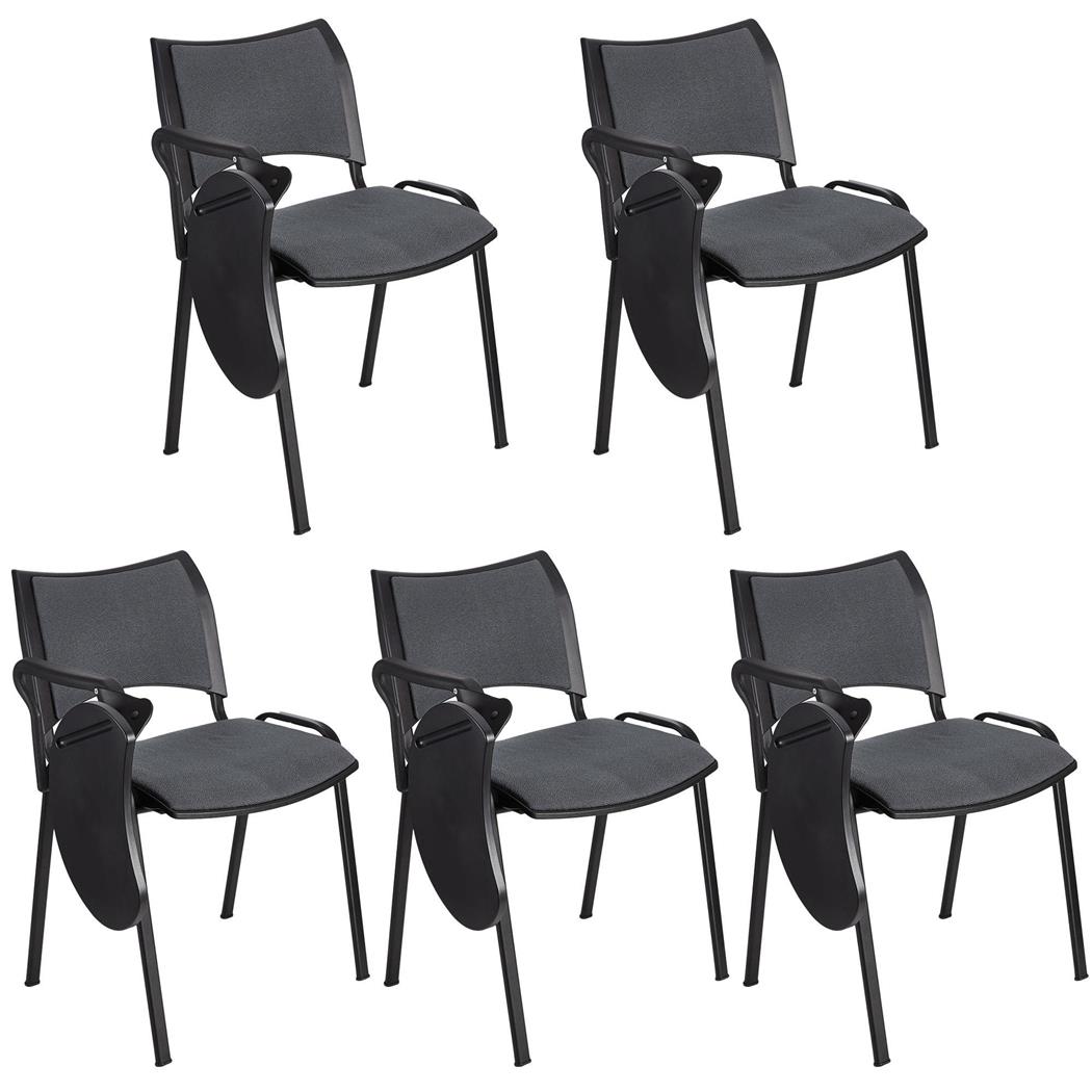 Set van 5 Vergaderstoelen ROMEL MET KLAPTAFELTJE, Comfortabele Zitting, Stapelbaar, Zwarte Poten, Grijs Stoffen Bekleding